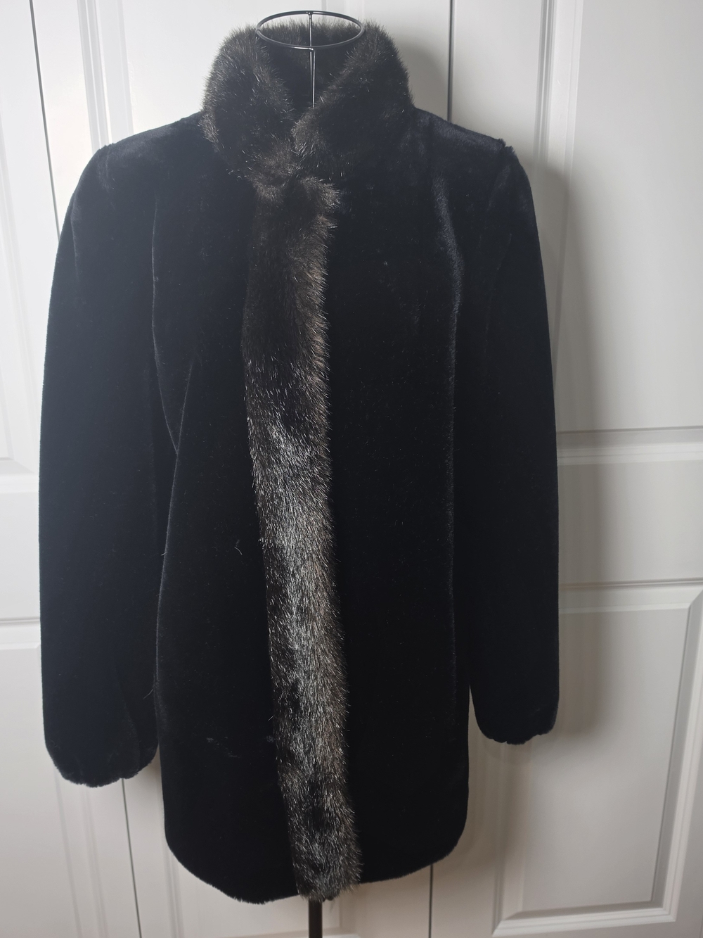 Vintage Hillmoor Black Faux Fur Coat Brown Trim Made in USA